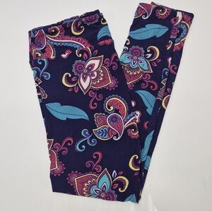 LuLaRoe Navy Leggings with Teal, Pink Paisley Print